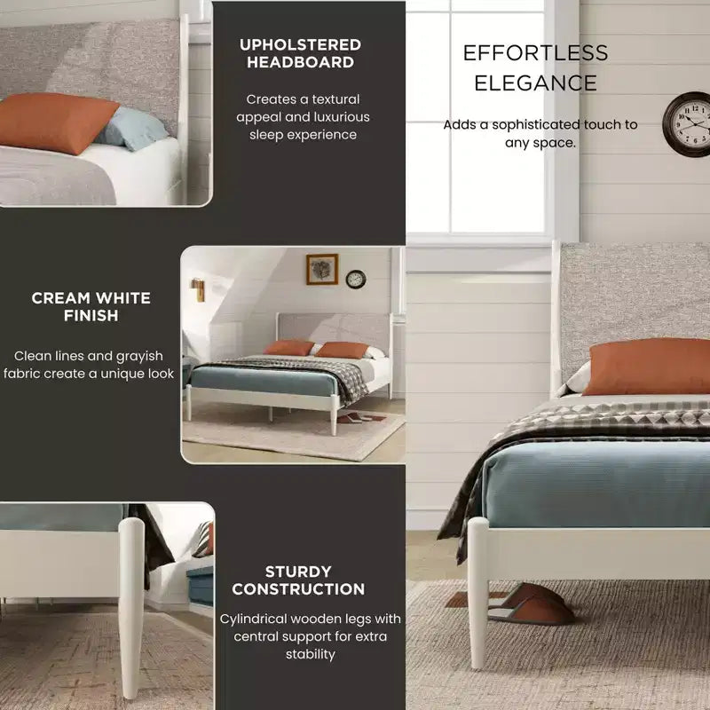 Lit plateforme en hévéa avec tête de lit capitonnée, blanc crème, grand lit