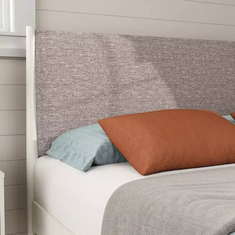 Lit plateforme en hévéa avec tête de lit capitonnée, blanc crème, grand lit