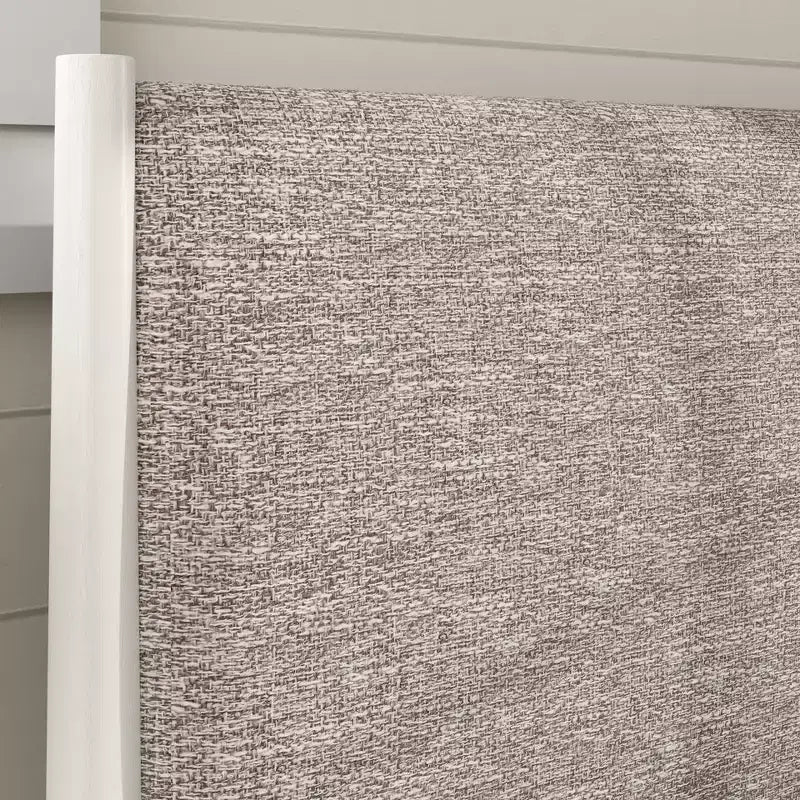 Lit plateforme en hévéa avec tête de lit capitonnée, blanc crème, grand lit