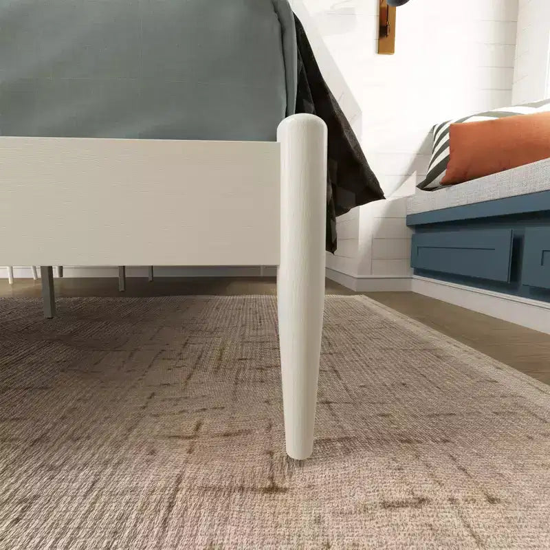 Lit plateforme en hévéa avec tête de lit capitonnée, blanc crème, grand lit