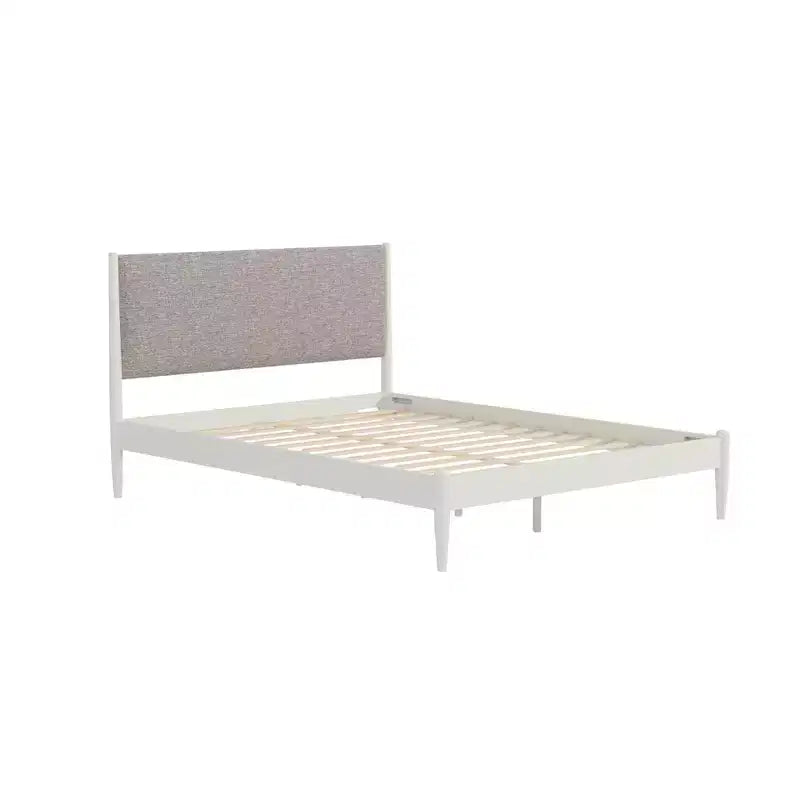 Lit plateforme en hévéa avec tête de lit capitonnée, blanc crème, grand lit