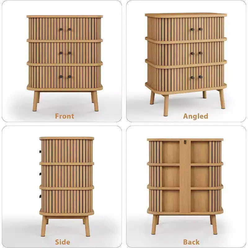 Commode à 3 tiroirs, Chiffonnier pour chambre à coucher, Table de chevet moderne du milieu du siècle, Commode en osier avec espace de rangement spacieux, poignées noires mates et pieds en bois