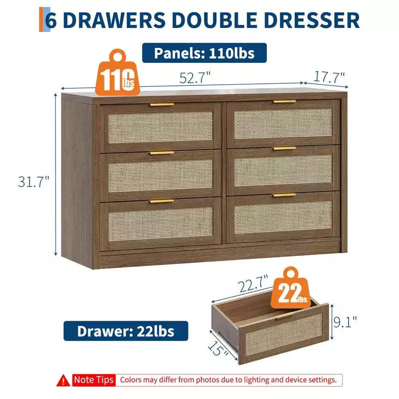 Commode à 6 tiroirs pour chambre à coucher, commode en rotin avec poignées dorées, organisateur de rangement de 134 cm de large, table console pour entrée