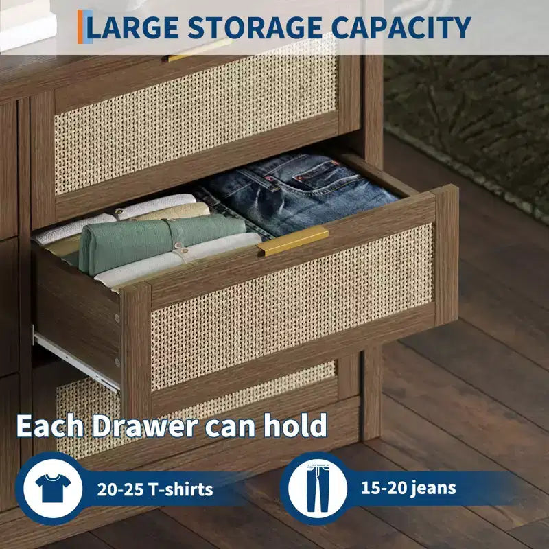 Commode à 6 tiroirs pour chambre à coucher, commode en rotin avec poignées dorées, organisateur de rangement de 134 cm de large, table console pour entrée