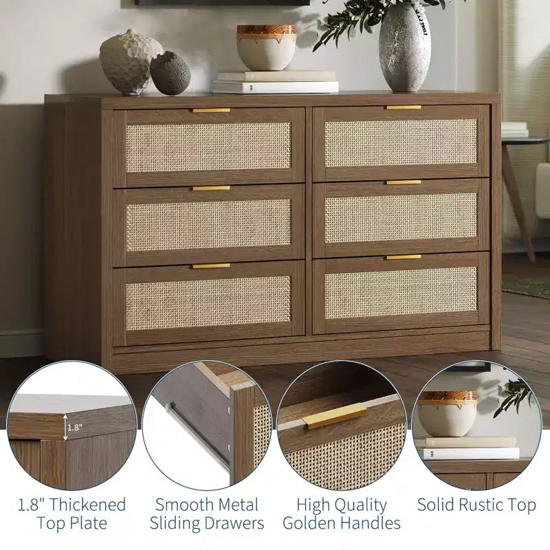 Commode à 6 tiroirs pour chambre à coucher, commode en rotin avec poignées dorées, organisateur de rangement de 134 cm de large, table console pour entrée