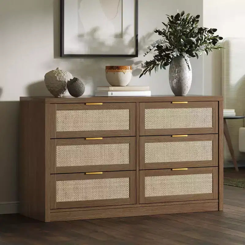 Commode à 6 tiroirs pour chambre à coucher, commode en rotin avec poignées dorées, organisateur de rangement de 134 cm de large, table console pour entrée
