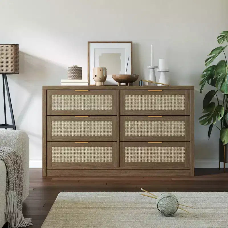 Commode à 6 tiroirs pour chambre à coucher, commode en rotin avec poignées dorées, organisateur de rangement de 134 cm de large, table console pour entrée