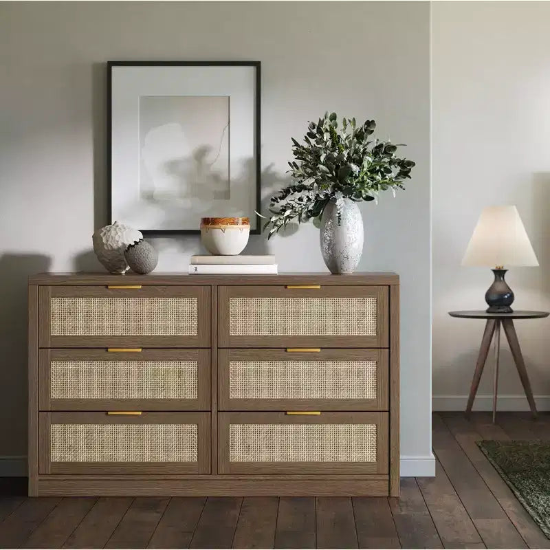 Commode à 6 tiroirs pour chambre à coucher, commode en rotin avec poignées dorées, organisateur de rangement de 134 cm de large, table console pour entrée