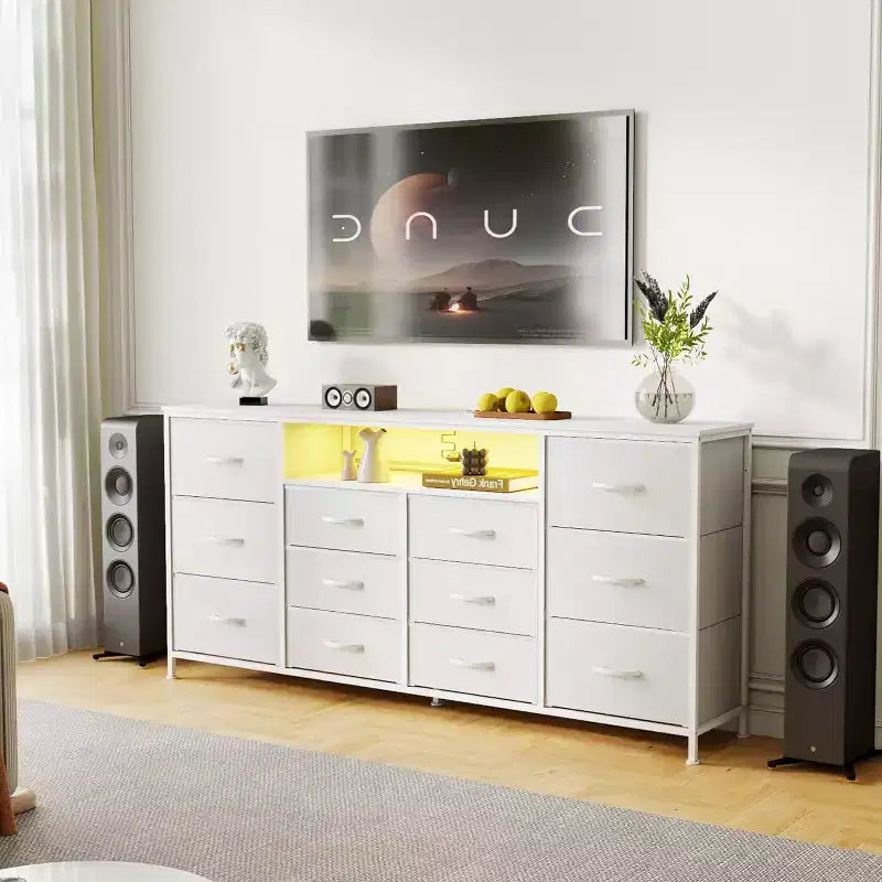 Commode 12 tiroirs avec station de charge et lumières LED, commode en tissu avec cadre métallique robuste