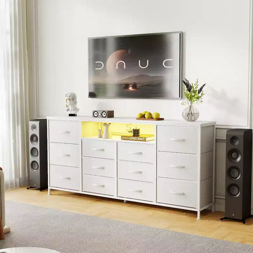 Commode 12 tiroirs avec station de charge et lumières LED, commode en tissu avec cadre métallique robuste