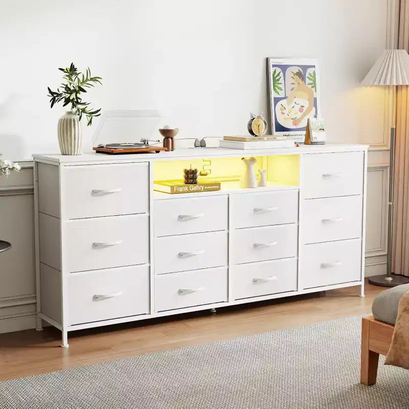 Commode 12 tiroirs avec station de charge et lumières LED, commode en tissu avec cadre métallique robuste