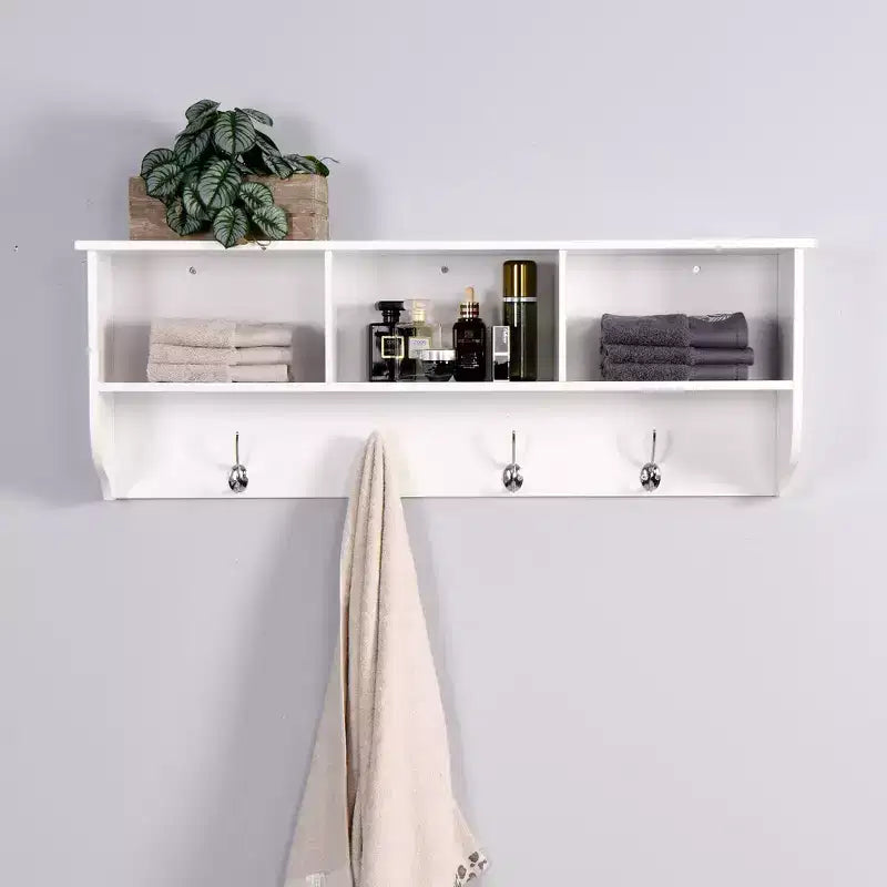 Porte-manteau mural avec 4 doubles patères et étagère de rangement en bois, organiseur d'entrée blanc