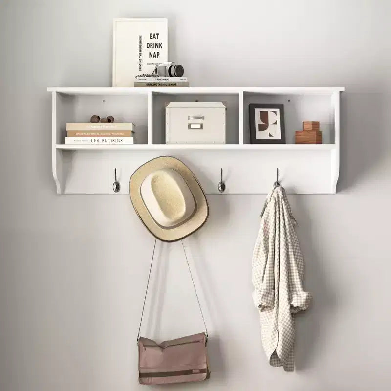Porte-manteau mural avec 4 doubles patères et étagère de rangement en bois, organiseur d'entrée blanc