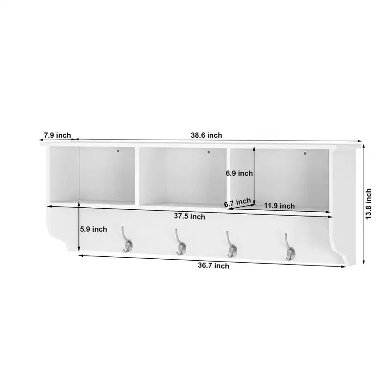 Porte-manteau mural avec 4 doubles patères et étagère de rangement en bois, organiseur d'entrée blanc