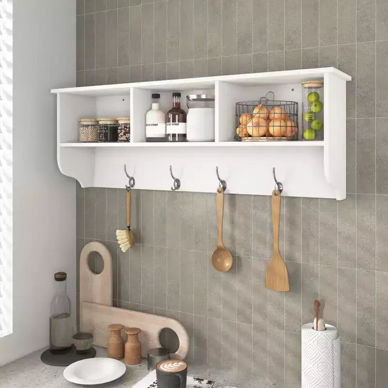 Porte-manteau mural avec 4 doubles patères et étagère de rangement en bois, organiseur d'entrée blanc
