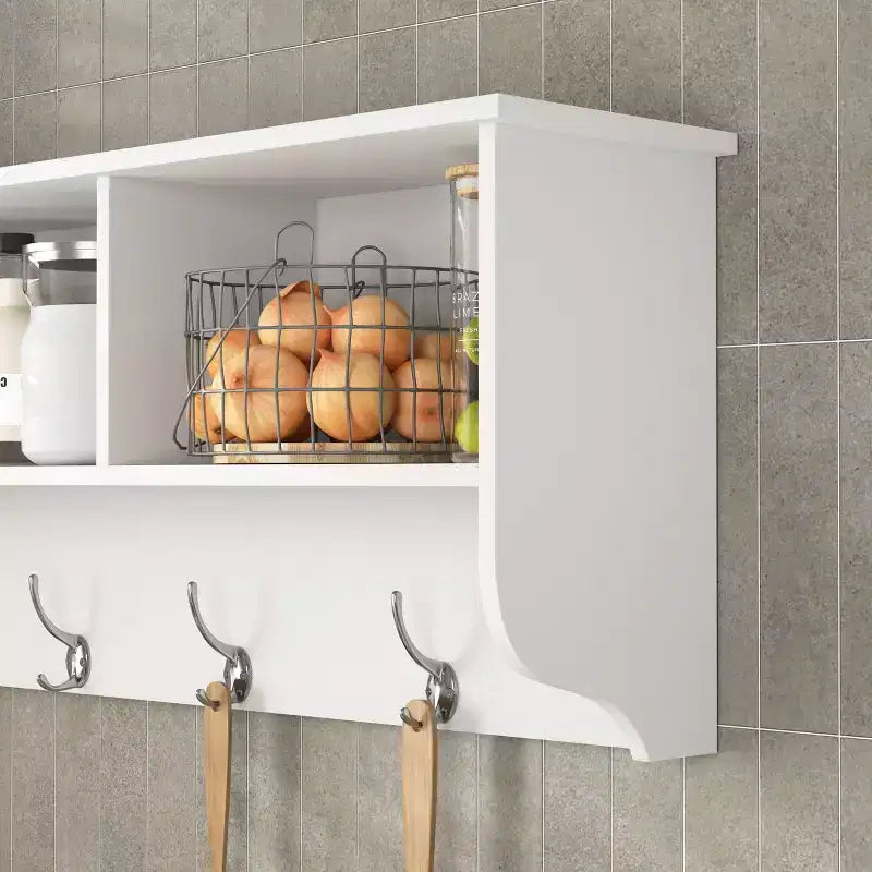 Porte-manteau mural avec 4 doubles patères et étagère de rangement en bois, organiseur d'entrée blanc