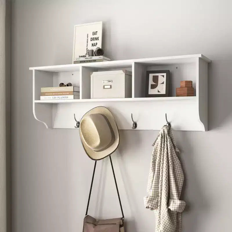 Porte-manteau mural avec 4 doubles patères et étagère de rangement en bois, organiseur d'entrée blanc
