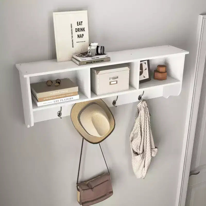 Porte-manteau mural avec 4 doubles patères et étagère de rangement en bois, organiseur d'entrée blanc
