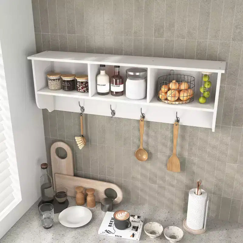 Porte-manteau mural avec 4 doubles patères et étagère de rangement en bois, organiseur d'entrée blanc