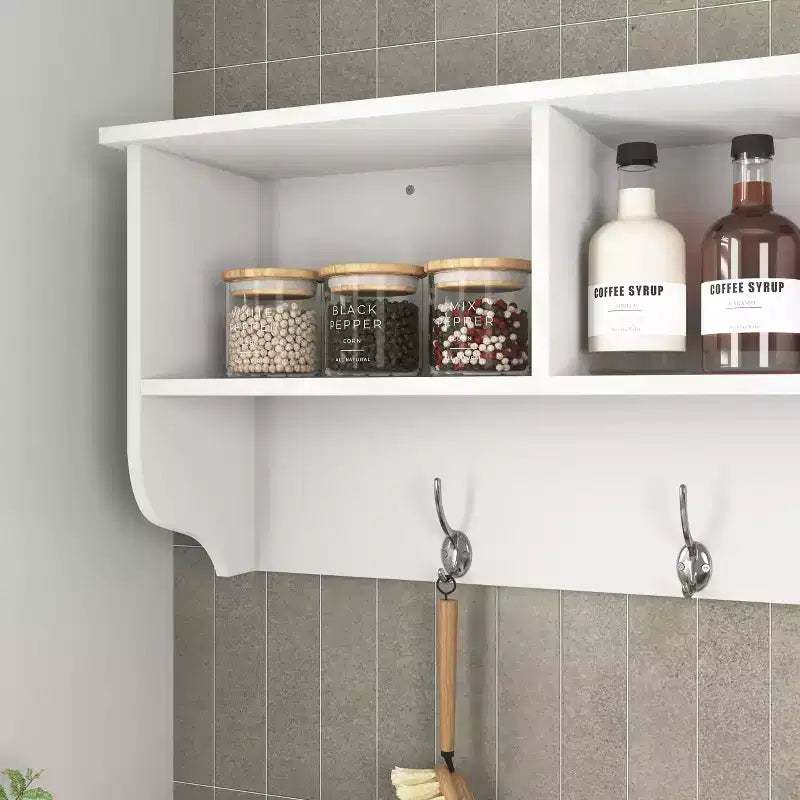 Porte-manteau mural avec 4 doubles patères et étagère de rangement en bois, organiseur d'entrée blanc