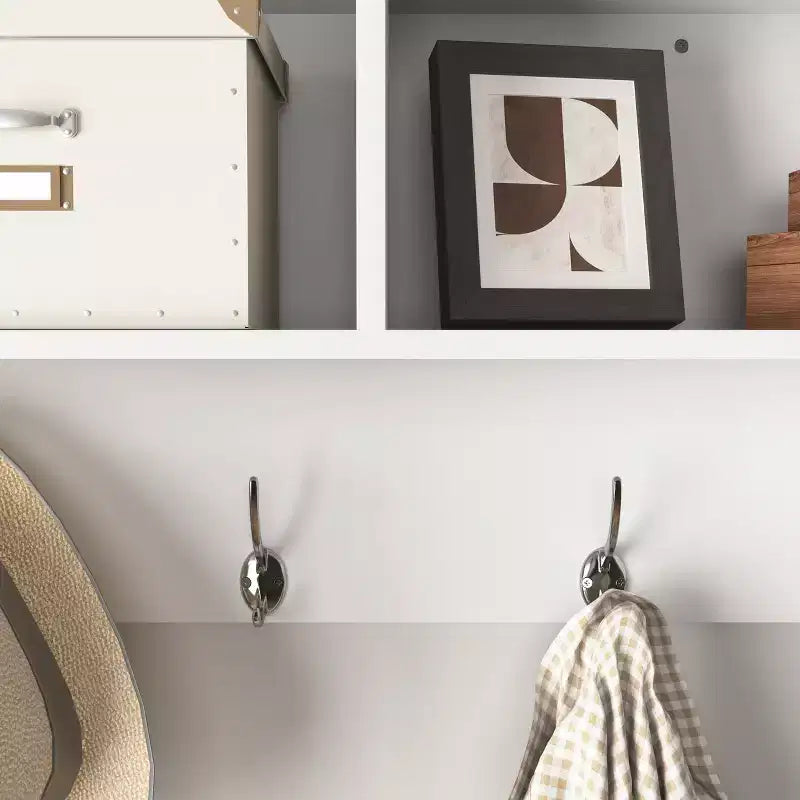 Porte-manteau mural avec 4 doubles patères et étagère de rangement en bois, organiseur d'entrée blanc