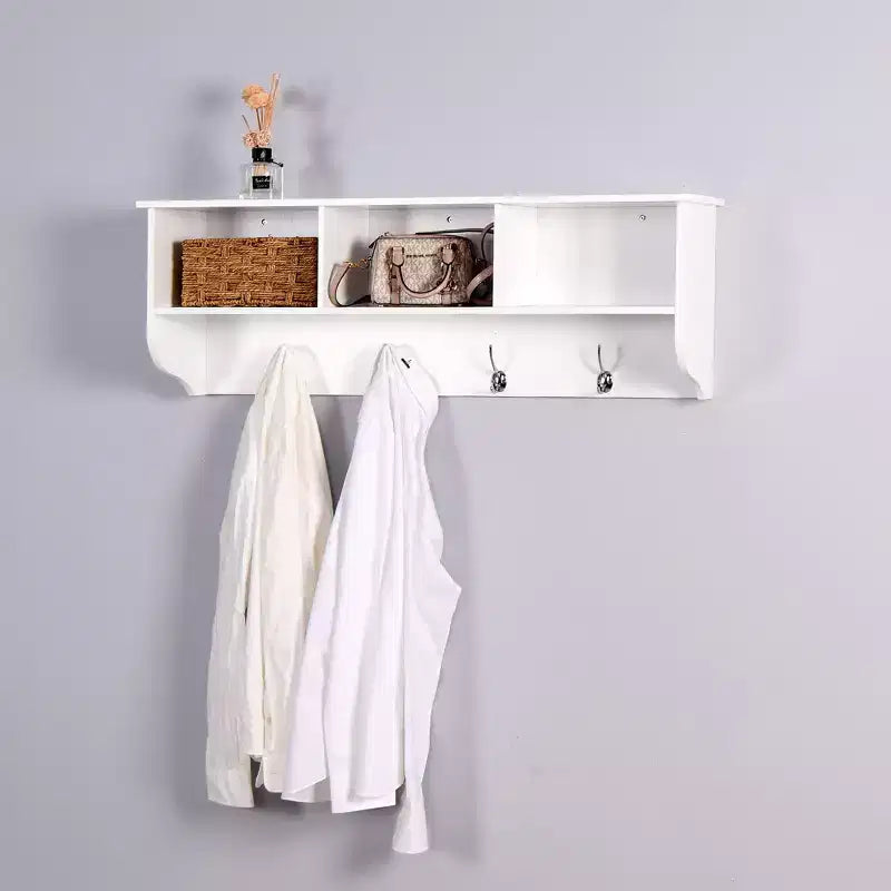 Porte-manteau mural avec 4 doubles patères et étagère de rangement en bois, organiseur d'entrée blanc