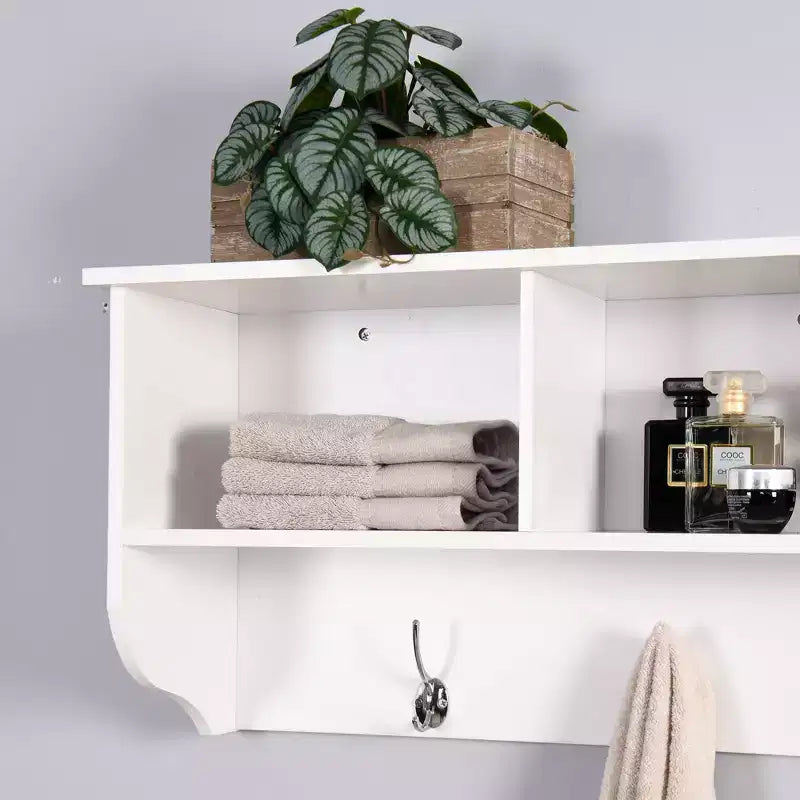 Porte-manteau mural avec 4 doubles patères et étagère de rangement en bois, organiseur d'entrée blanc