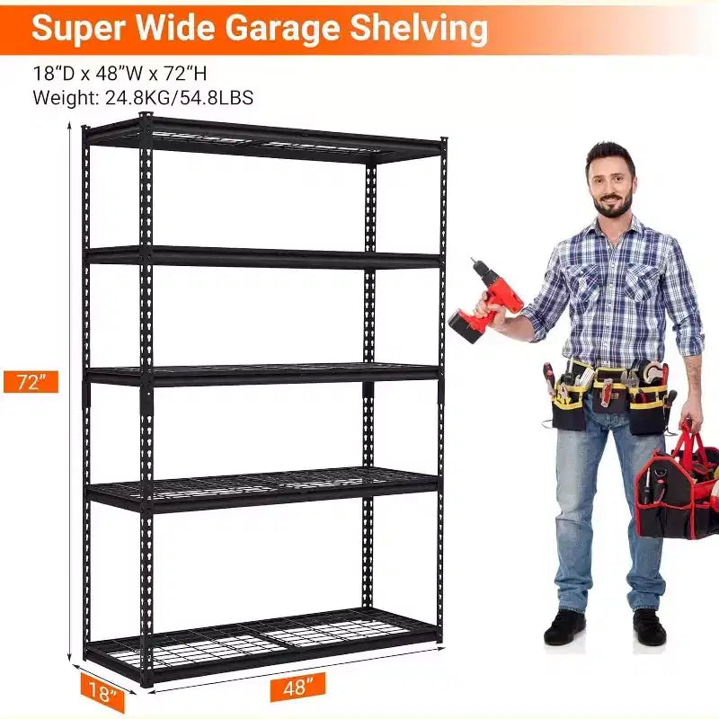 Étagère de garage robuste et réglable Acekool, 48 L x 18 P x 72 H, rayonnage métallique avec capacité de charge de 2 500 lb, assemblage facile
