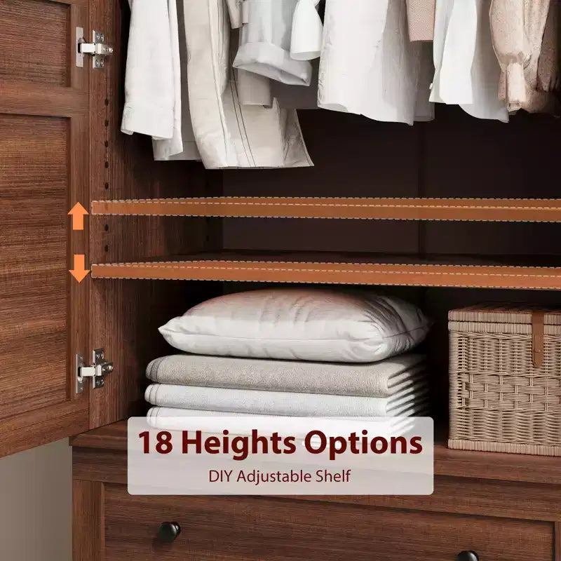 Armoire de rangement avec 2 tiroirs, grande armoire à vêtements de 183 cm de hauteur avec tringle à suspendre, armoire avec portes et étagères réglables pour chambre à coucher