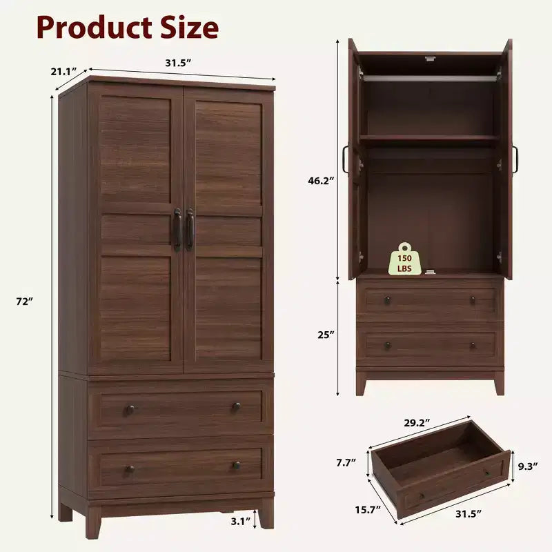 Armoire de rangement avec 2 tiroirs, grande armoire à vêtements de 183 cm de hauteur avec tringle à suspendre, armoire avec portes et étagères réglables pour chambre à coucher