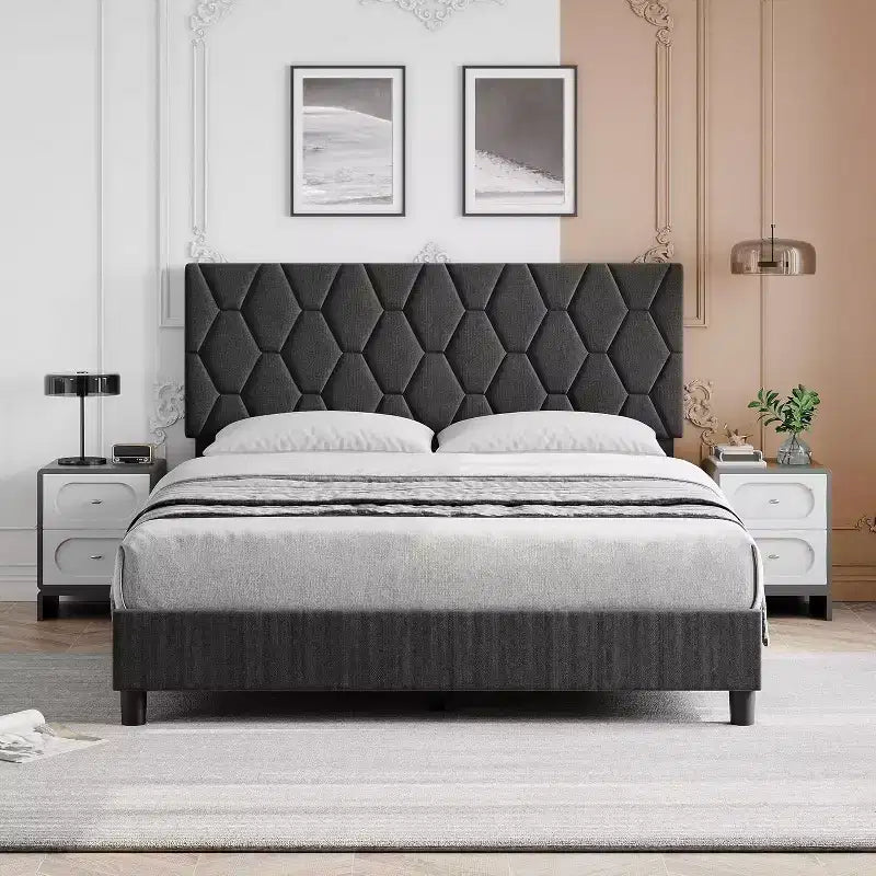 Cadre de lit plateforme avec tête de lit rembourrée, Cadre de lit en tissu de lin avec support à lattes en bois, Cadre de lit en métal robuste, Sans bruit, Gris