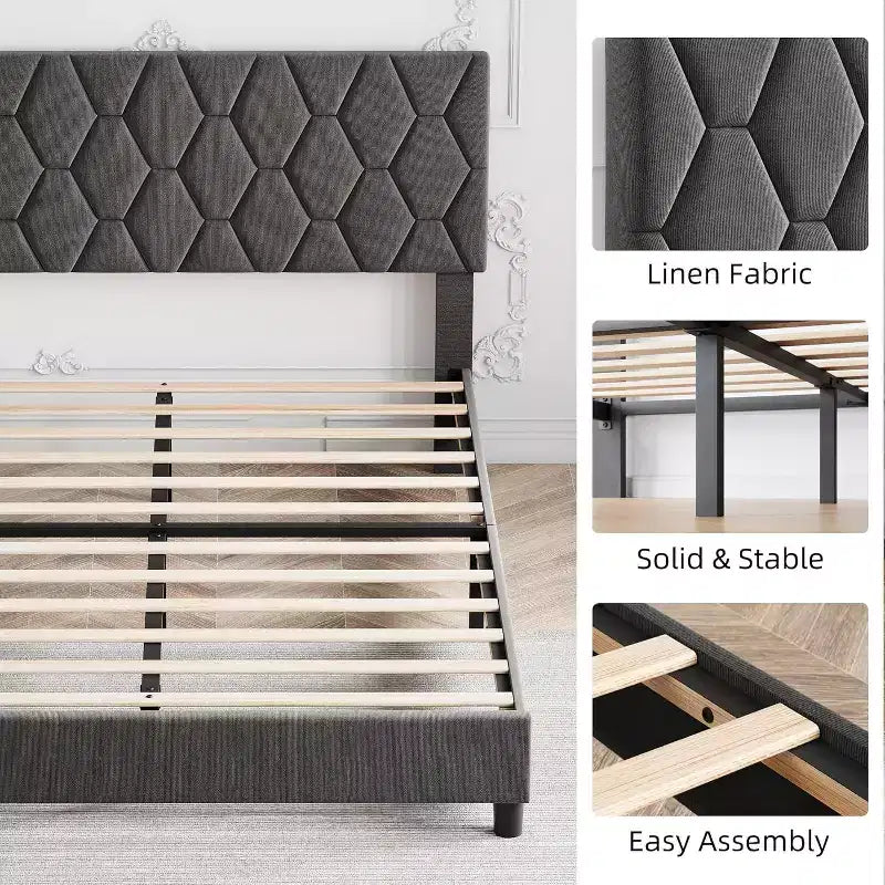 Cadre de lit plateforme avec tête de lit rembourrée, Cadre de lit en tissu de lin avec support à lattes en bois, Cadre de lit en métal robuste, Sans bruit, Gris