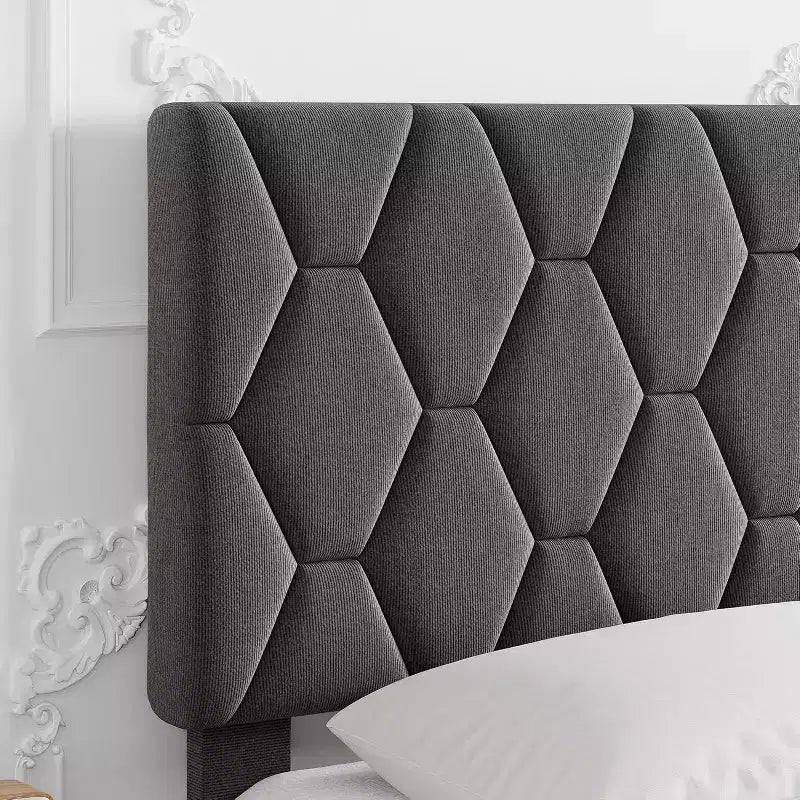 Cadre de lit plateforme avec tête de lit rembourrée, Cadre de lit en tissu de lin avec support à lattes en bois, Cadre de lit en métal robuste, Sans bruit, Gris