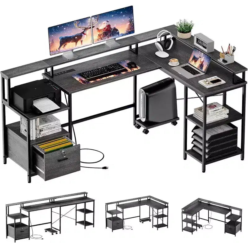 Acekool 76 Bureau réversible en L avec tiroir de classement, prises de courant, étagère pour moniteur et rangement, bureau d'angle gris pour bureau à domicile