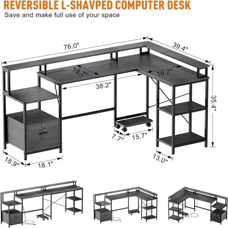 Acekool 76 Bureau réversible en L avec tiroir de classement, prises de courant, étagère pour moniteur et rangement, bureau d'angle gris pour bureau à domicile