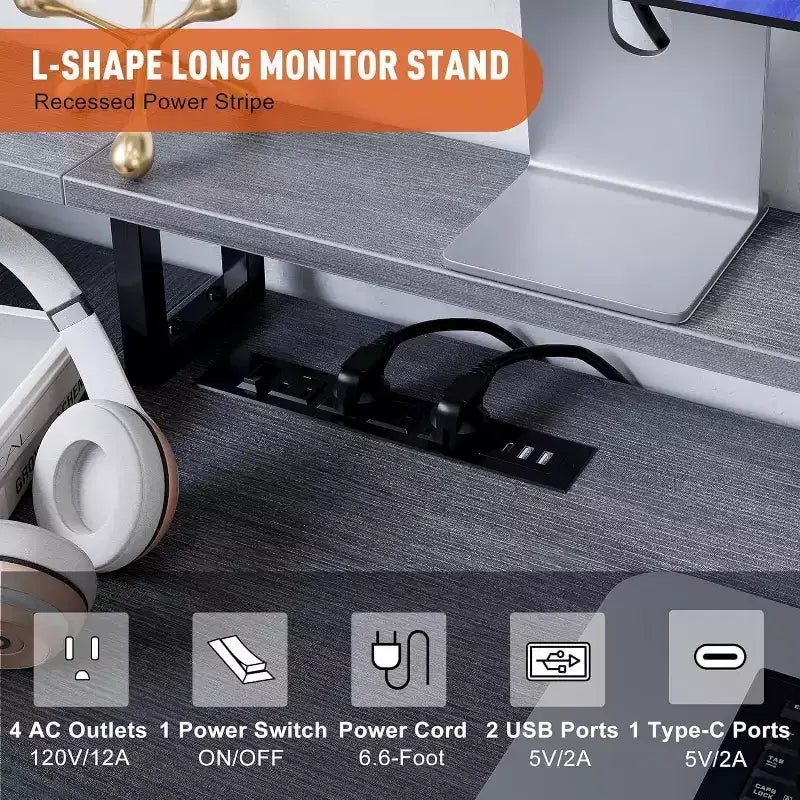 Acekool 76 Bureau réversible en L avec tiroir de classement, prises de courant, étagère pour moniteur et rangement, bureau d'angle gris pour bureau à domicile