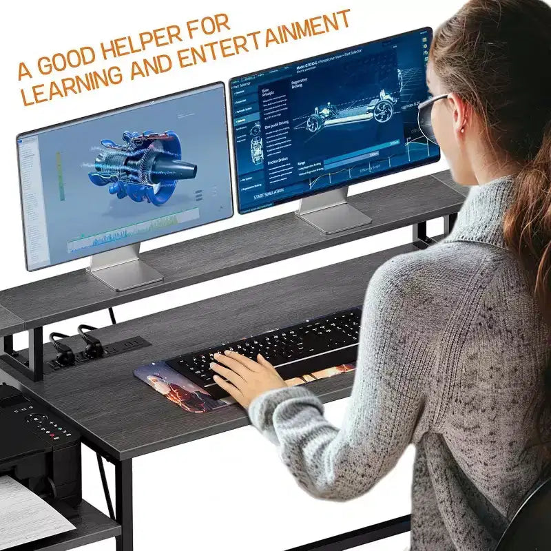 Acekool 76 Bureau réversible en L avec tiroir de classement, prises de courant, étagère pour moniteur et rangement, bureau d'angle gris pour bureau à domicile
