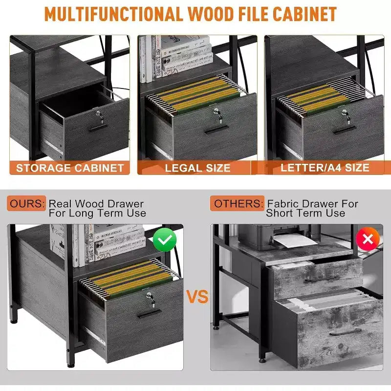 Acekool 76 Bureau réversible en L avec tiroir de classement, prises de courant, étagère pour moniteur et rangement, bureau d'angle gris pour bureau à domicile
