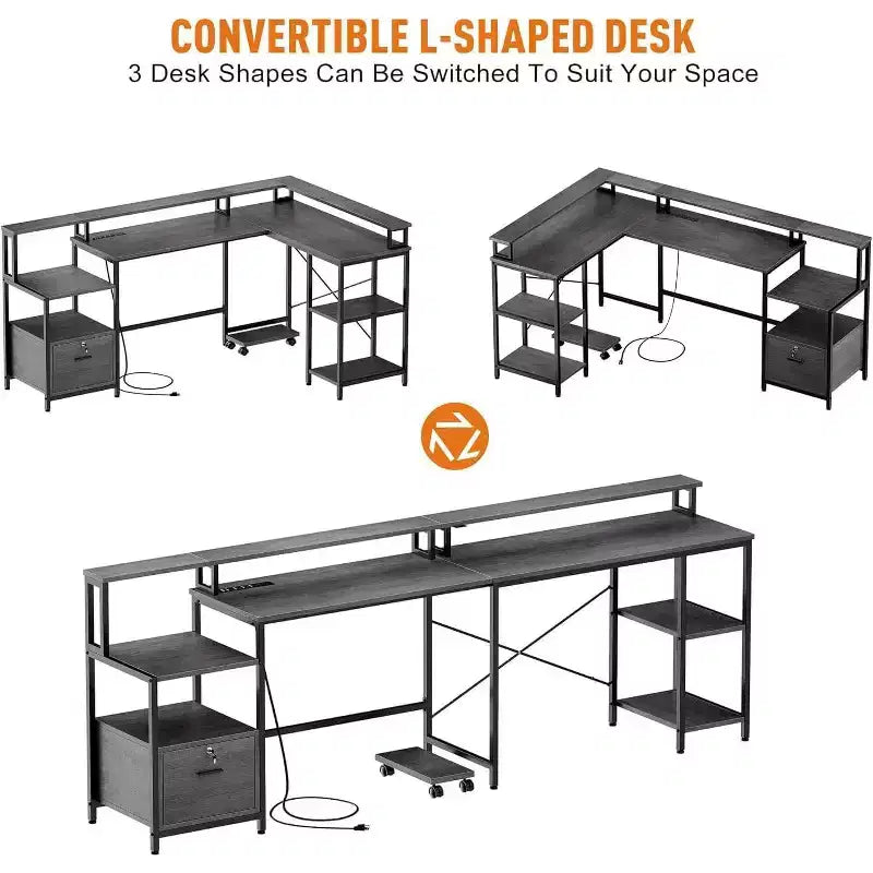 Acekool 76 Bureau réversible en L avec tiroir de classement, prises de courant, étagère pour moniteur et rangement, bureau d'angle gris pour bureau à domicile