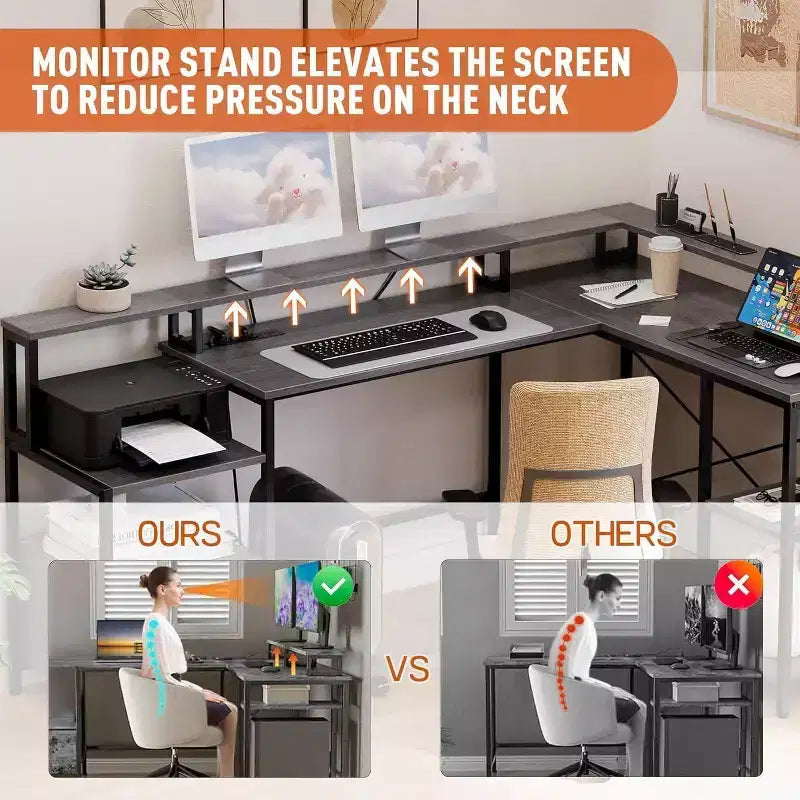 Acekool 76 Bureau réversible en L avec tiroir de classement, prises de courant, étagère pour moniteur et rangement, bureau d'angle gris pour bureau à domicile