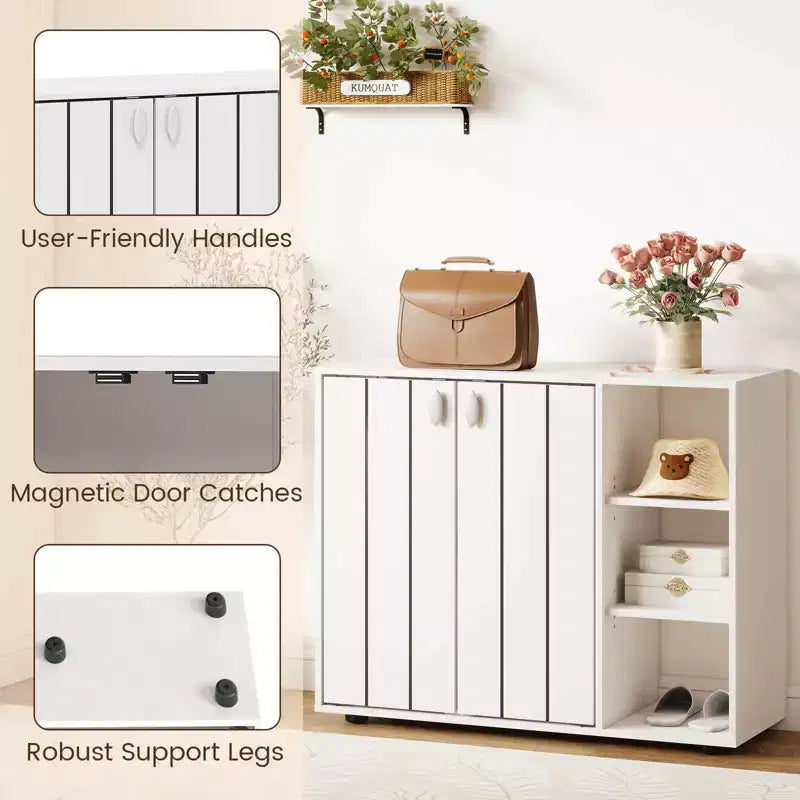 Organisateur de rangement à chaussures 3 niveaux en bois avec portes et étagères ouvertes réglables