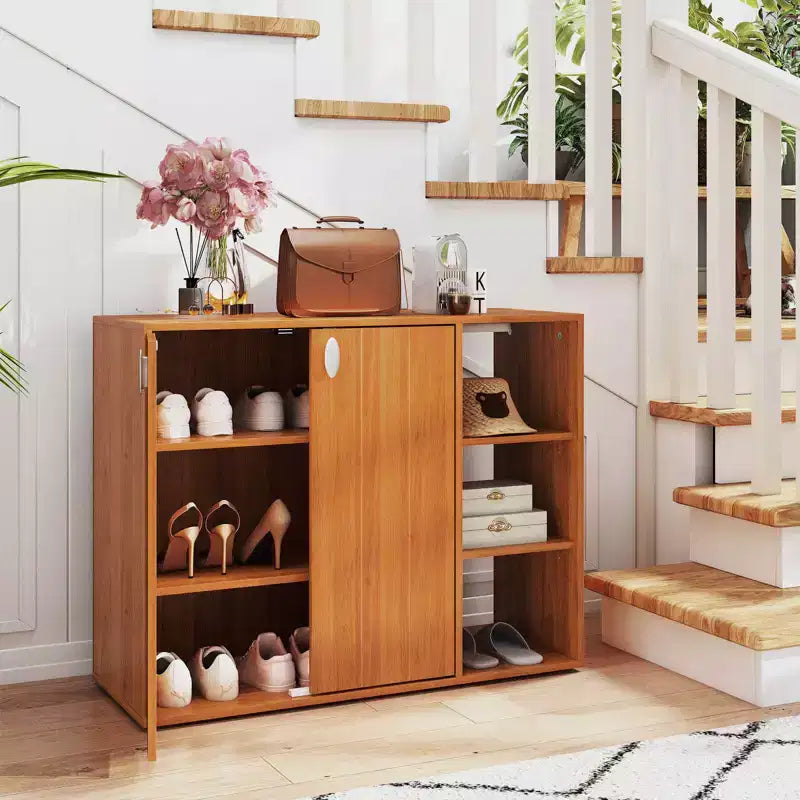 Organisateur de rangement à chaussures 3 niveaux en bois avec portes et étagères ouvertes réglables