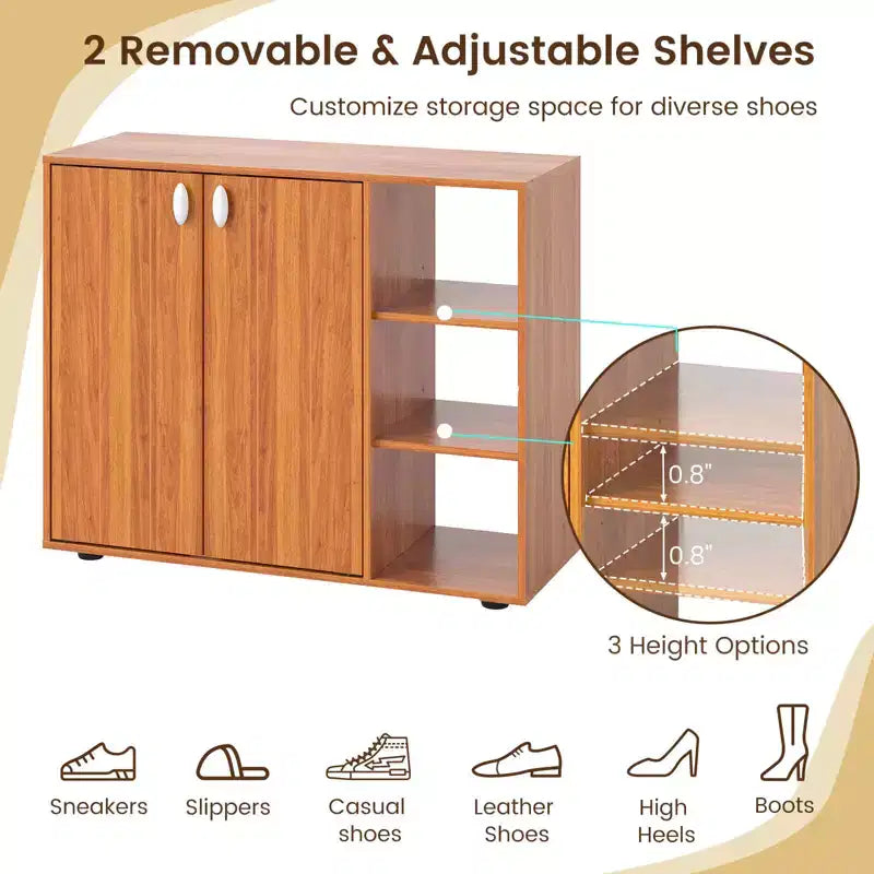 Organisateur de rangement à chaussures 3 niveaux en bois avec portes et étagères ouvertes réglables