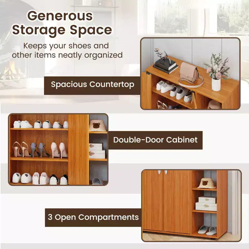 Organisateur de rangement à chaussures 3 niveaux en bois avec portes et étagères ouvertes réglables