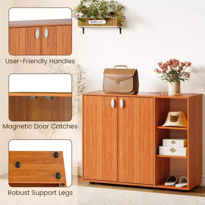Organisateur de rangement à chaussures 3 niveaux en bois avec portes et étagères ouvertes réglables
