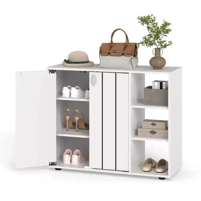 Organisateur de rangement à chaussures 3 niveaux en bois avec portes et étagères ouvertes réglables