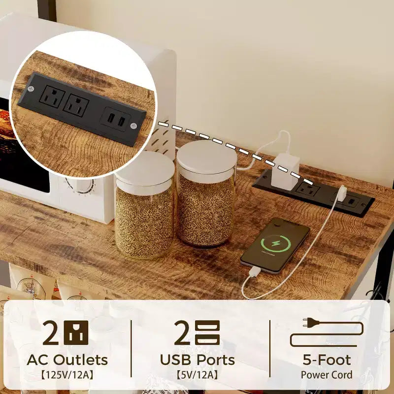 Étagère de Cuisine, Étagère de Rangement de Cuisine à 4 Niveaux avec 10 Crochets, Support de Micro-ondes Industriel, Table de Bar à Café sur Pied pour Épices, Casseroles et Poêles
