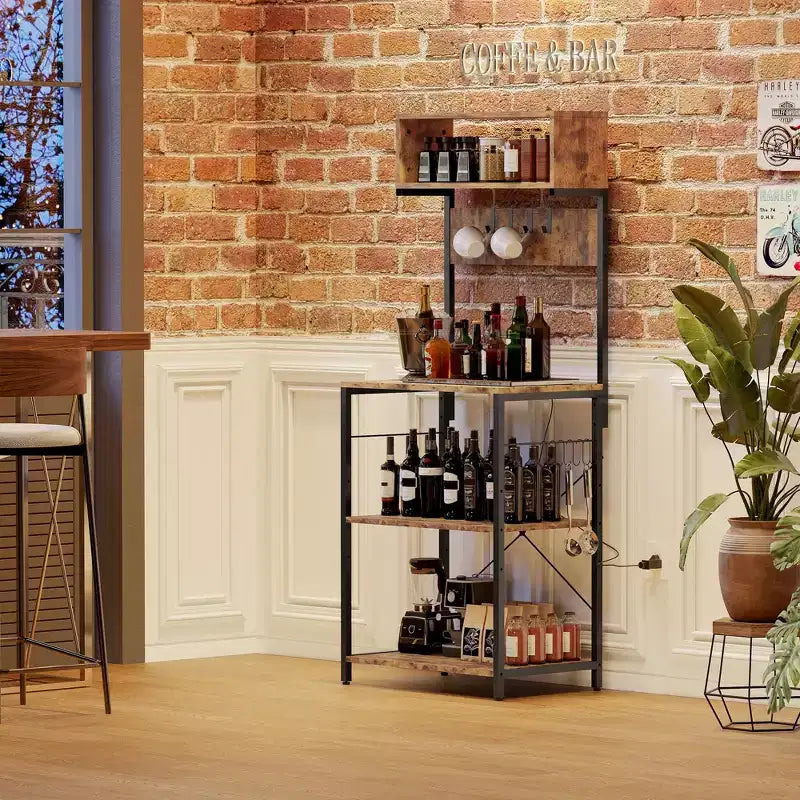 Étagère de Cuisine, Étagère de Rangement de Cuisine à 4 Niveaux avec 10 Crochets, Support de Micro-ondes Industriel, Table de Bar à Café sur Pied pour Épices, Casseroles et Poêles