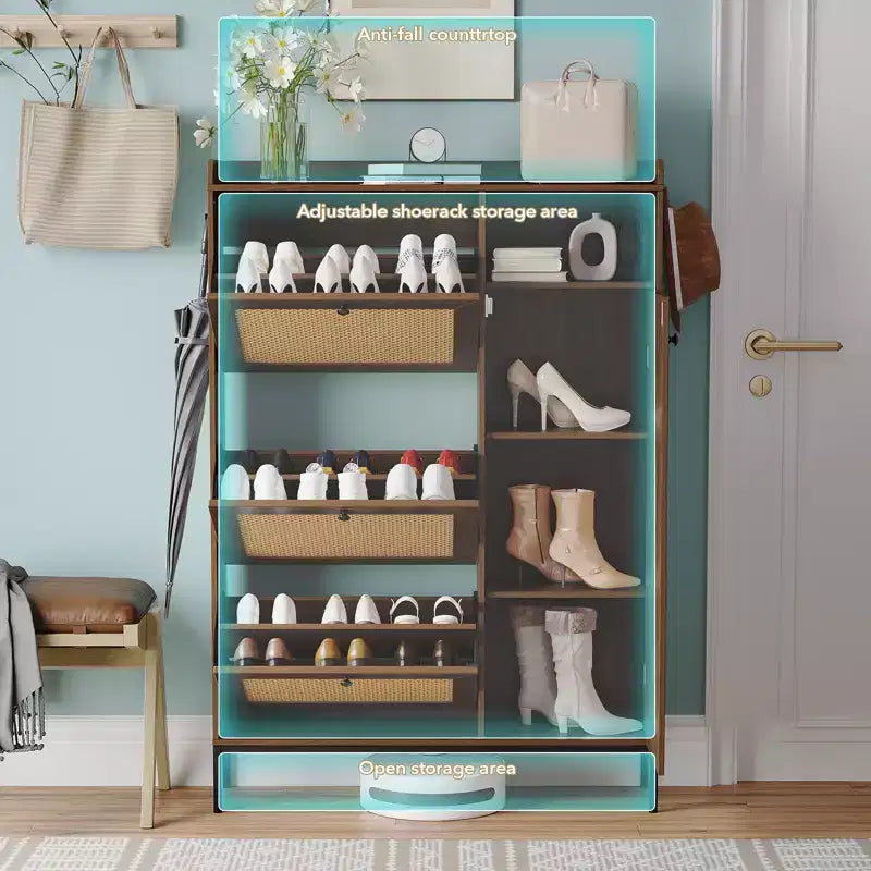 Meuble à chaussures 3 niveaux en rotin avec tiroirs basculants et étagères réglables, grille supérieure, organisateur de rangement de chaussures étroit pour entrée, couloir ou chambre