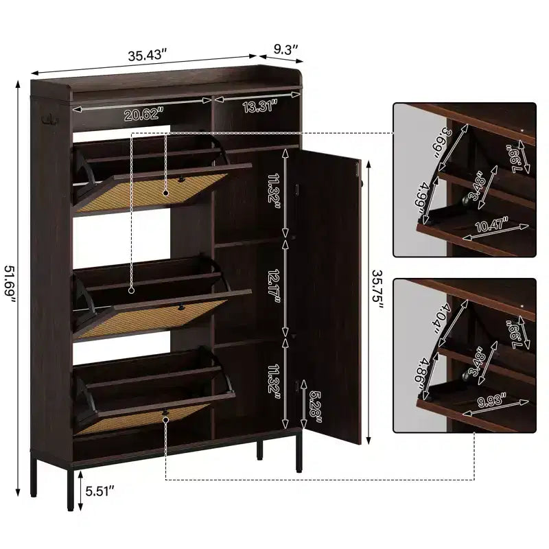Meuble à chaussures 3 niveaux en rotin avec tiroirs basculants et étagères réglables, grille supérieure, organisateur de rangement de chaussures étroit pour entrée, couloir ou chambre